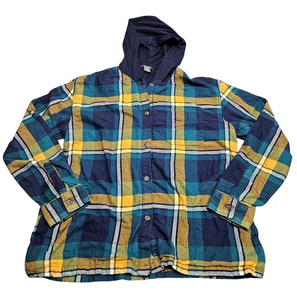 Eddie Bauer Hooded Flannel Shirt Womens M Teal Blue Yellow Plaid Outdoor Cabin
